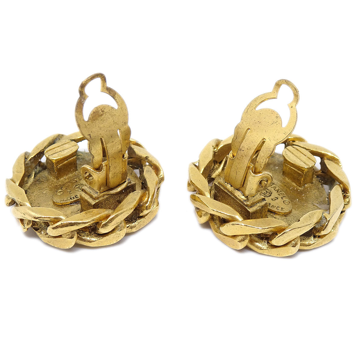 CHANEL Button Rhinestone Earrings Clip-On Gold 23 75075