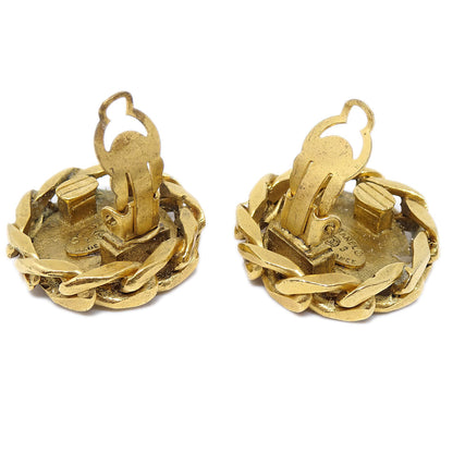 CHANEL Button Rhinestone Earrings Clip-On Gold 23 75075