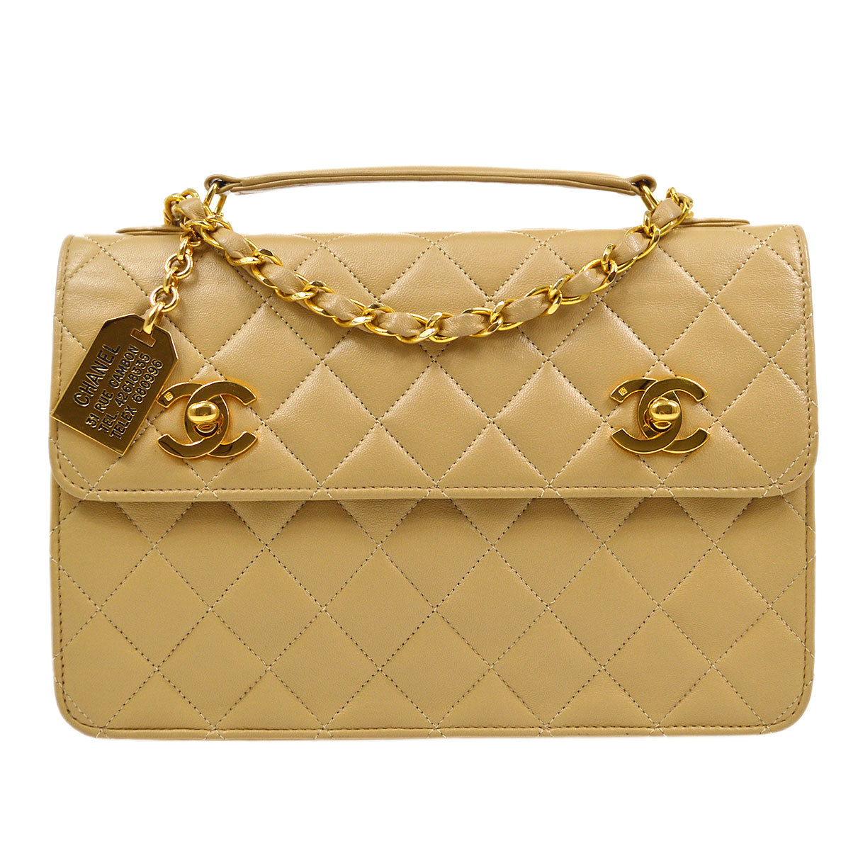 CHANEL 1989-1991 Double Turnlock Handbag Beige Lambskin 95953