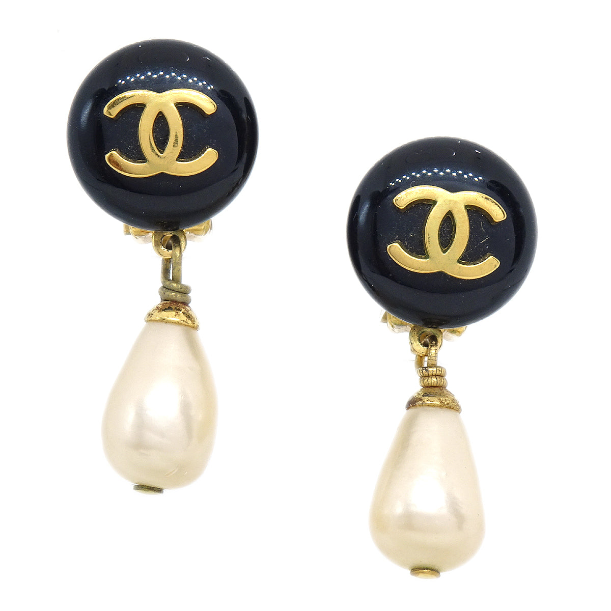 CHANEL 1995 Faux Pearl Dangle Earrings Black 24750