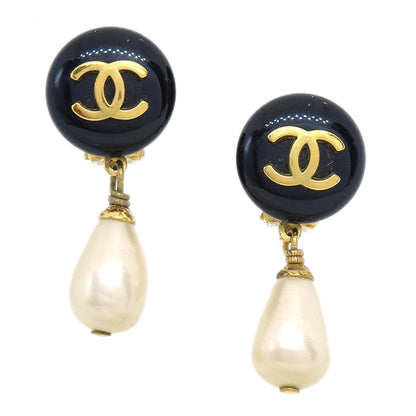 CHANEL 1995 Faux Pearl Dangle Earrings Black 24750