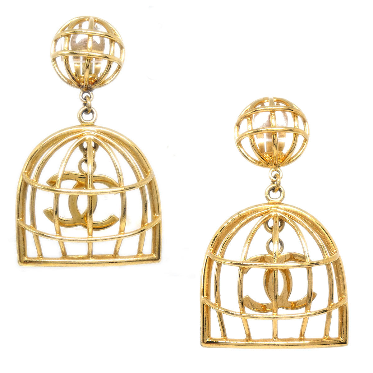 CHANEL★ Birdcage Dangle Earrings Gold 93P 56444