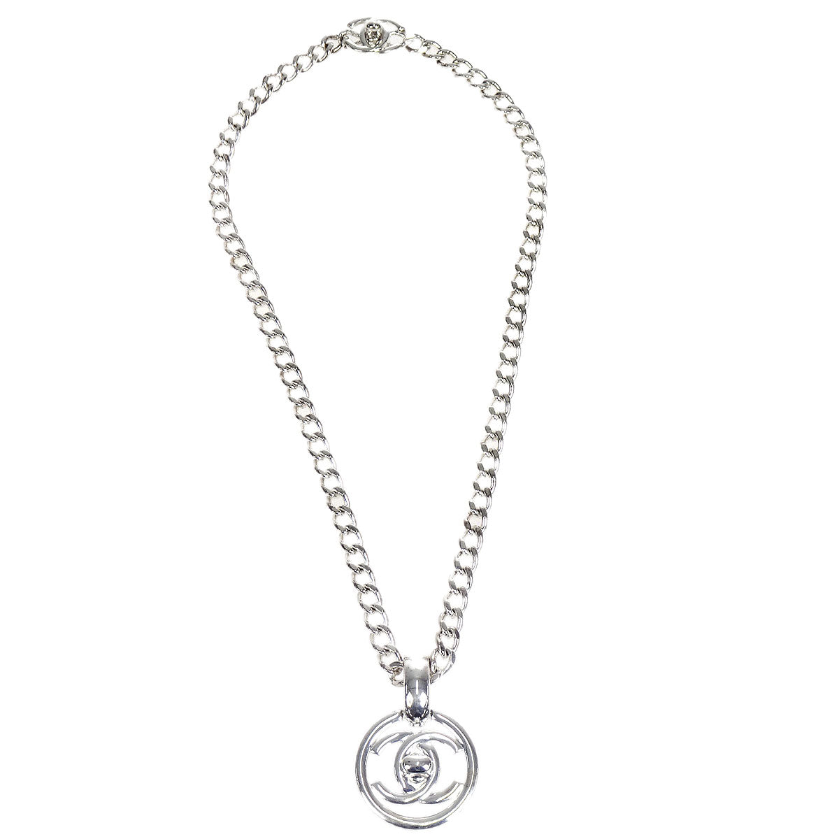 CHANEL 1997 CC Turnlock Silver Chain Pendant Necklace 97P 17255