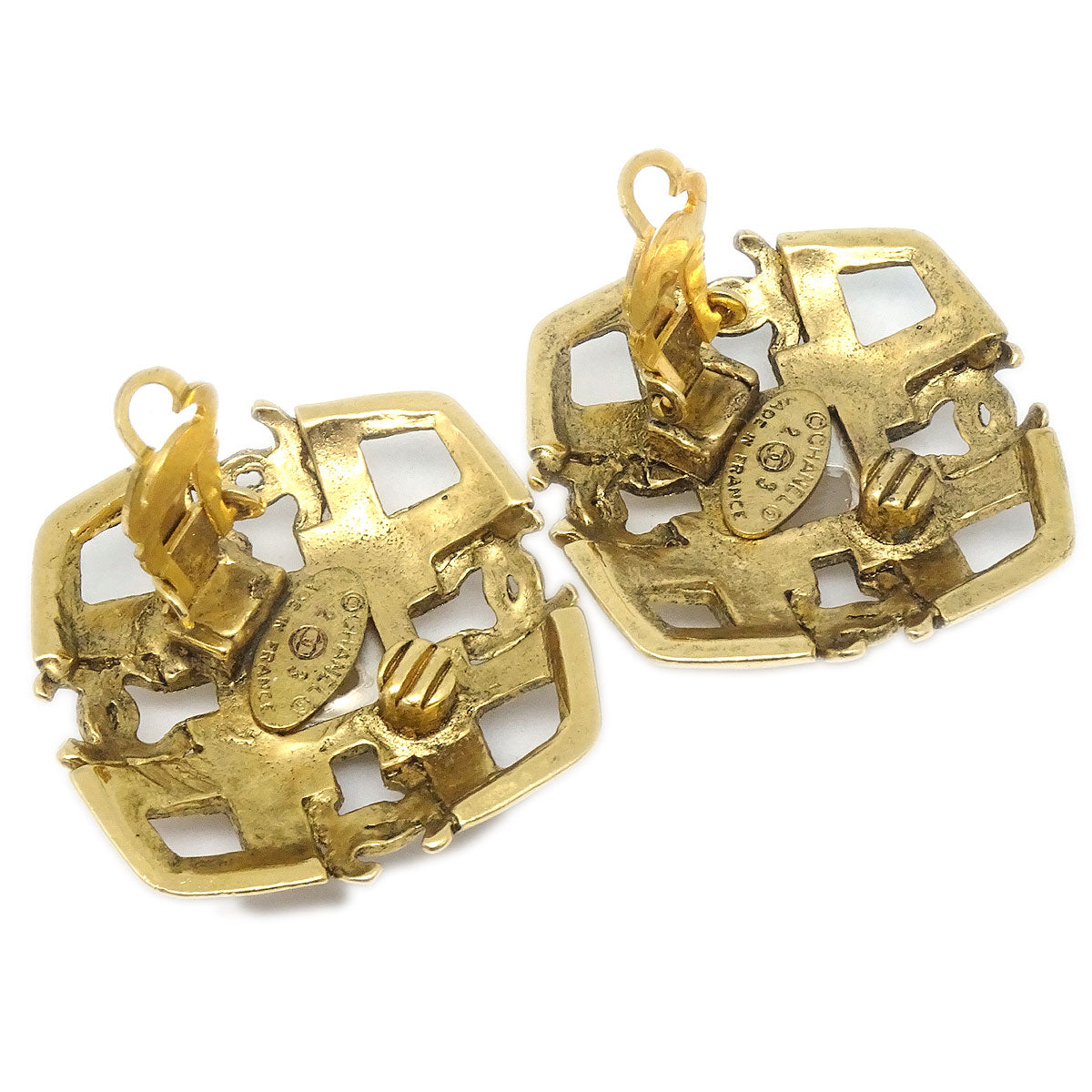 CHANEL 1993 Diamond Faux Pearl Earrings Clip-On Gold 23 27149