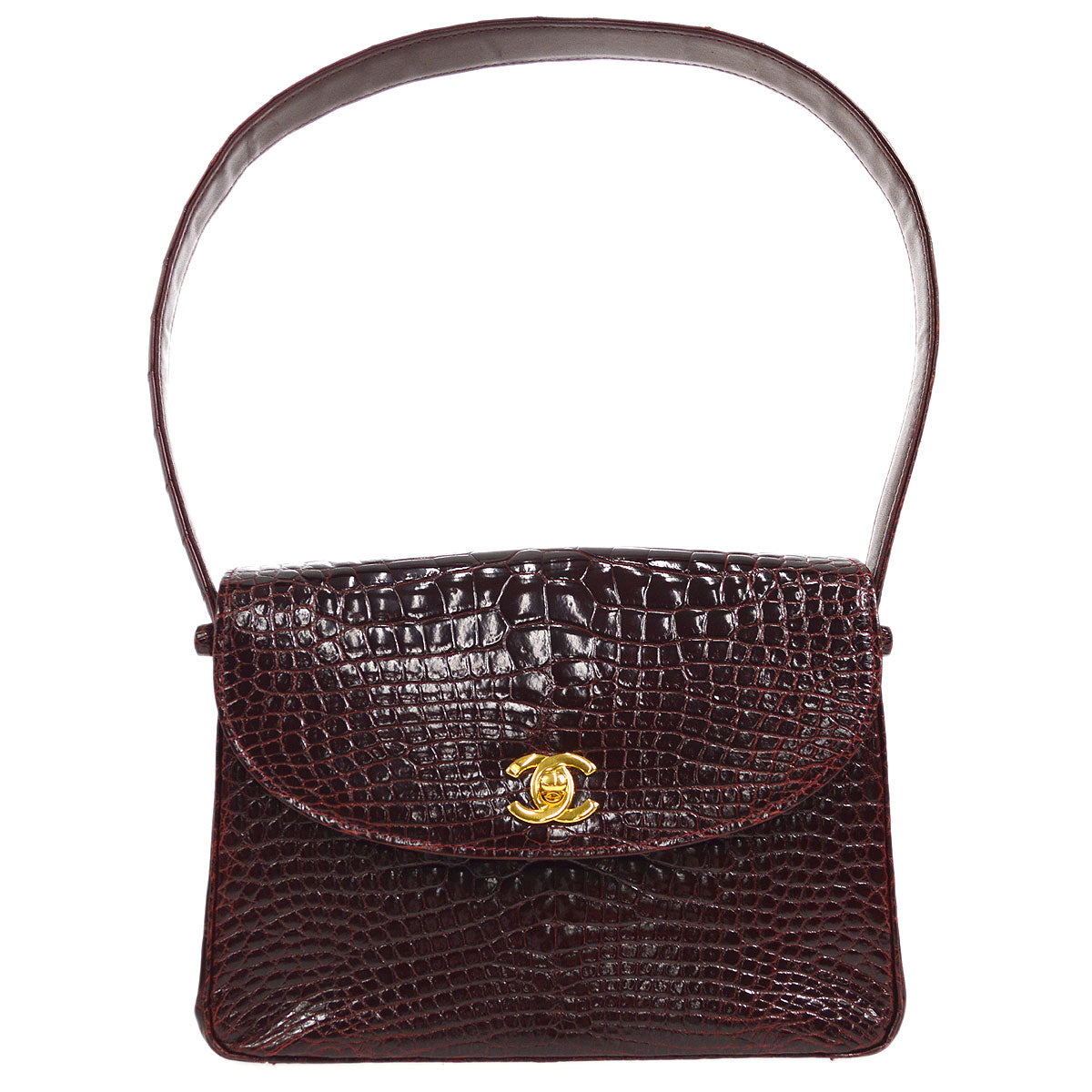 CHANEL * 1996-1997 Round Flap Shoulder Bag Small Bordeaux Crocodile 27124