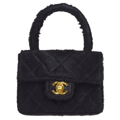 CHANEL * 1990s Classic Flap Handbag Micro Black Pony Hair 48642