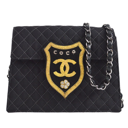 CHANEL * 2005 Emblem Shoulder Bag Mini Black Canvas 57507