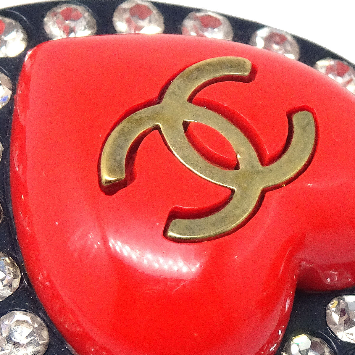 CHANEL Heart Rhinestone Earrings Red Clip-On 95P 45673