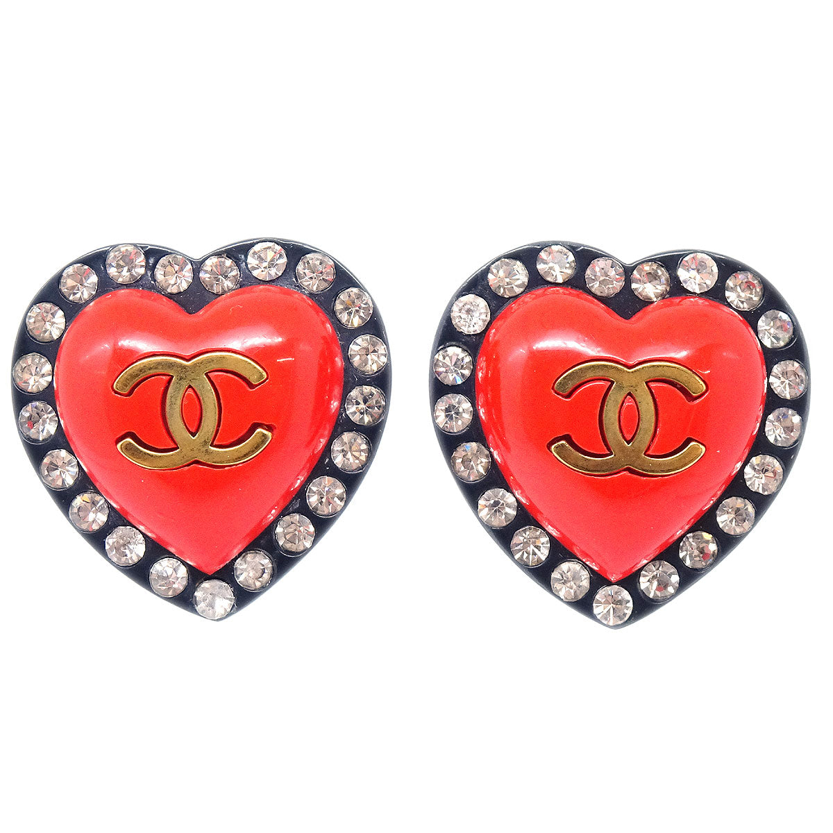 CHANEL Heart Earrings Rhinestone Clip-On 95P 58084