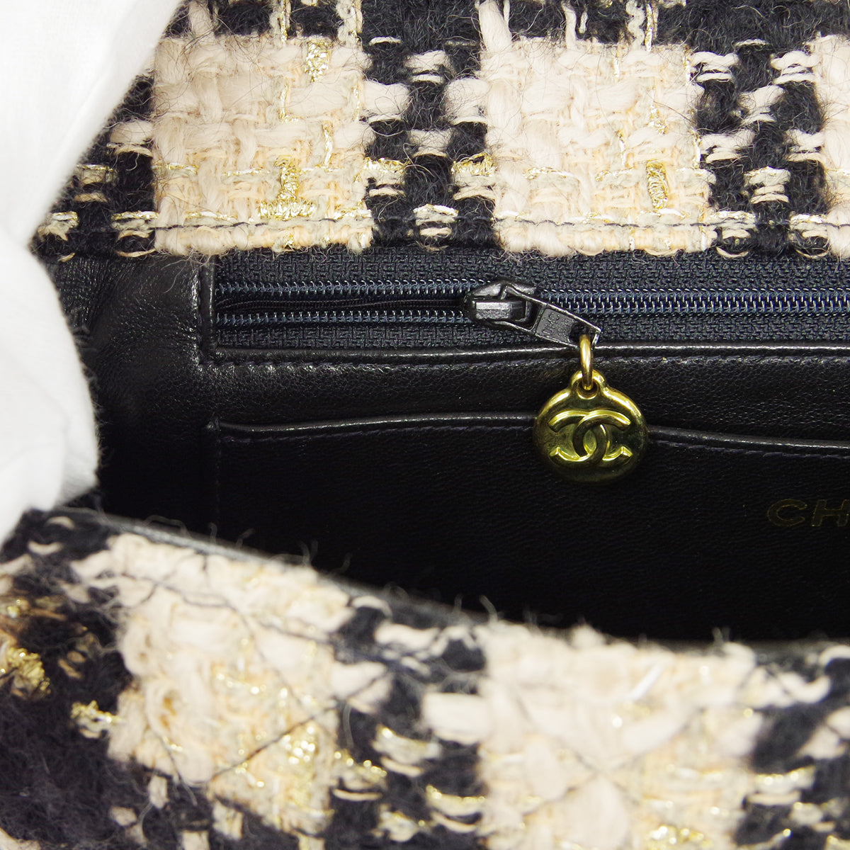 CHANEL * Classic Single Flap 2 in 1 Handbag Set Beige Black Gold Tweed 66330