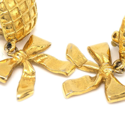 CHANEL Dangle Bow Earrings Gold Clip-On 27683