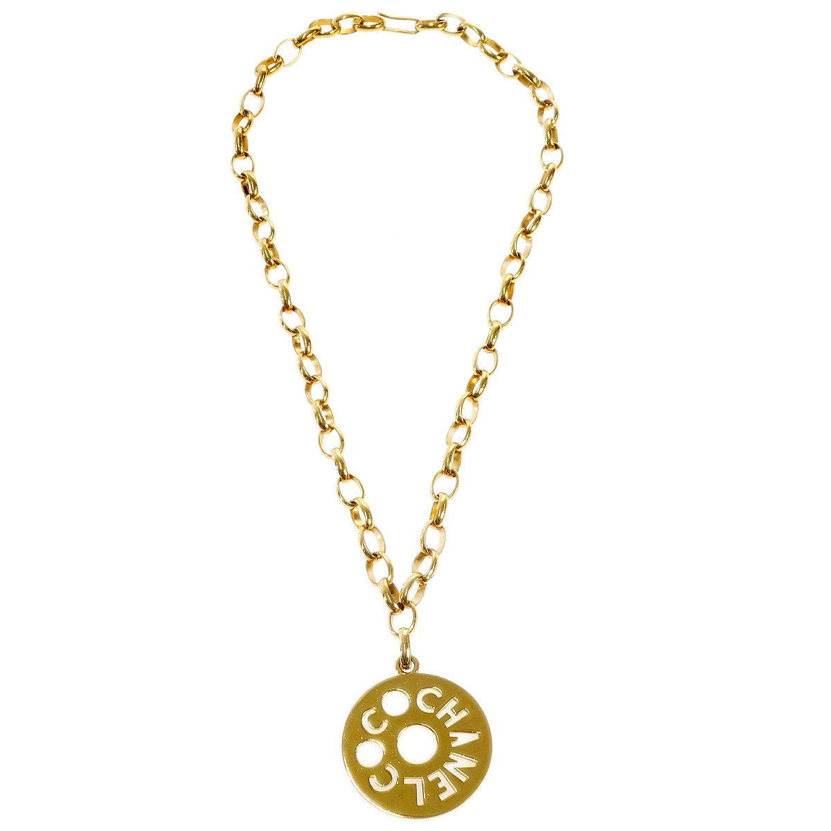 CHANEL Logo Cutout Gold Chain Pendant Necklace 76806