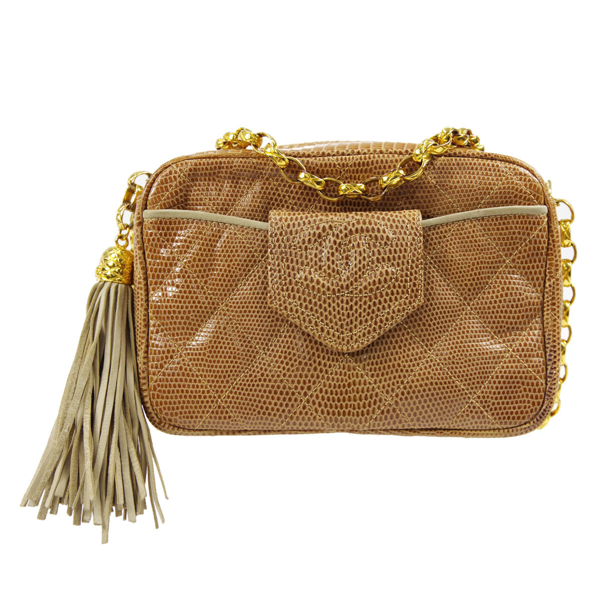 CHANEL * Fringe Bijou Chain Shoulder Bag Beige Lizard 87943