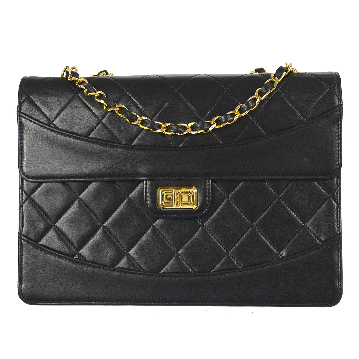 CHANEL 1989-1991 Mademoiselle Lock Border Flap Large Black Lambskin 76988