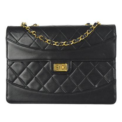 CHANEL 1989-1991 Mademoiselle Lock Border Flap Large Black Lambskin 76988