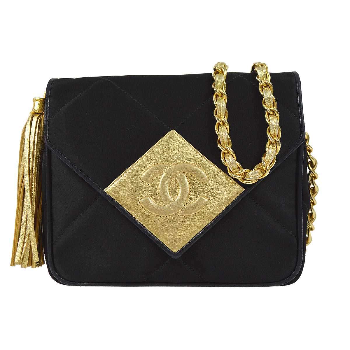 CHANEL 1989-1991 Flap Shoulder Bag Mini Black Satin 97317