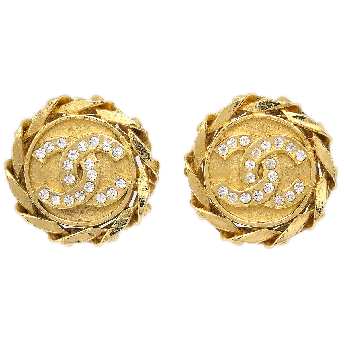 CHANEL Button Rhinestone Earrings Clip-On 23 Gold 97546