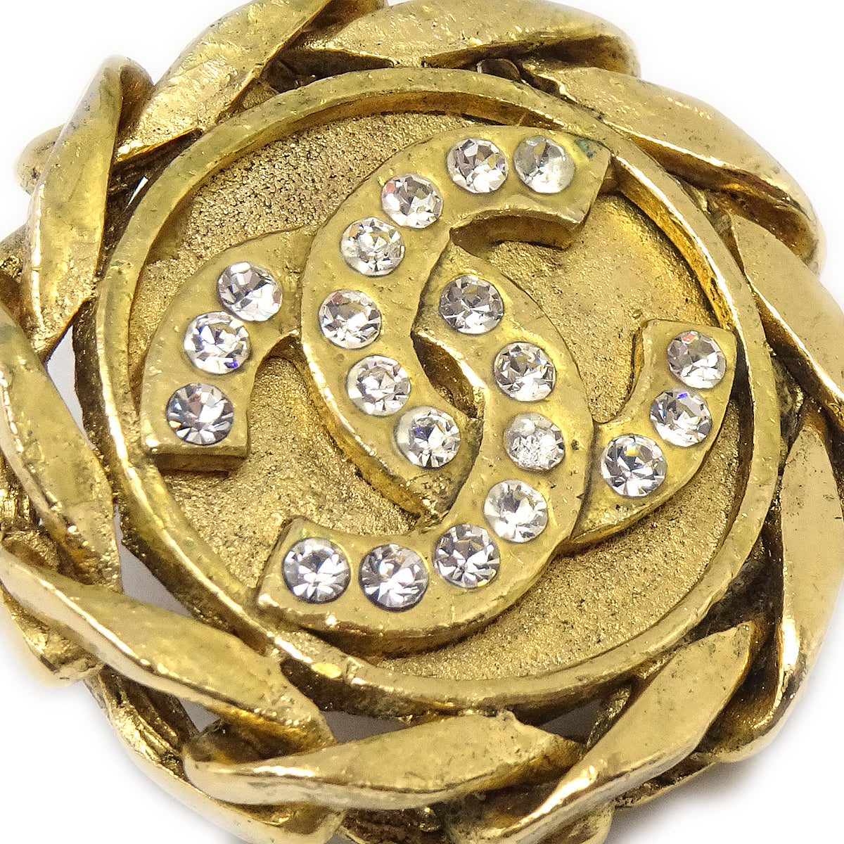 CHANEL Button Earrings Gold Rhinestone Clip-On 23 66500