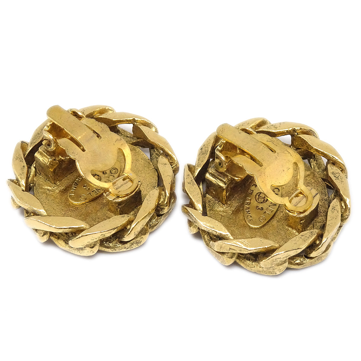 CHANEL Button Earrings Gold Rhinestone Clip-On 23 66500