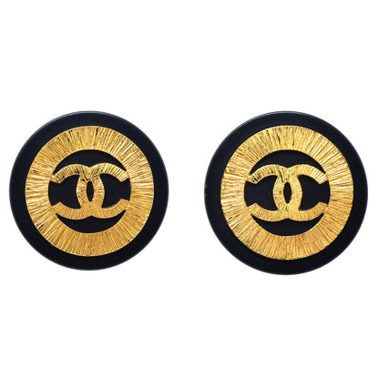 CHANEL Huge Button Earrings Black Clip-On 29 66517