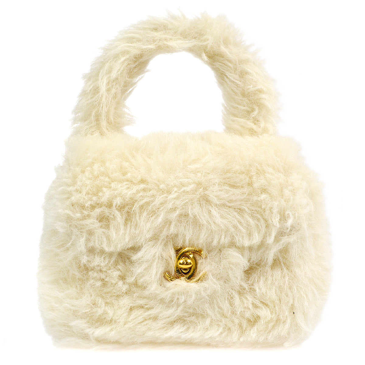 CHANEL * 1994 Classic Flap Handbag Mini White Fur 97352