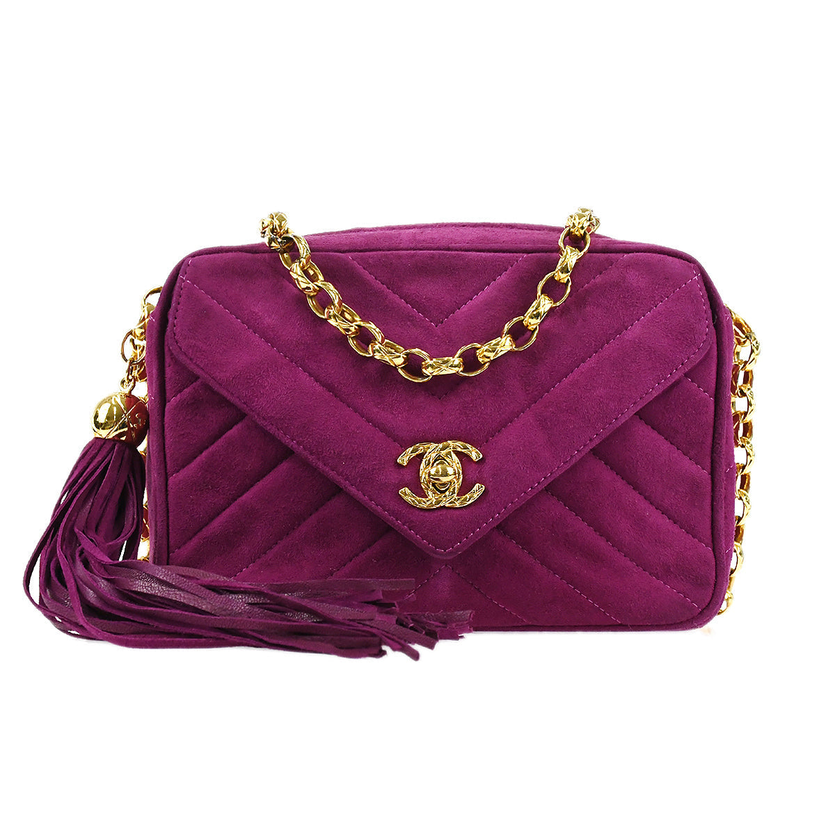 CHANEL V Stitch Fringe Bijou Chain Shoulder Bag Purple Suede 88343