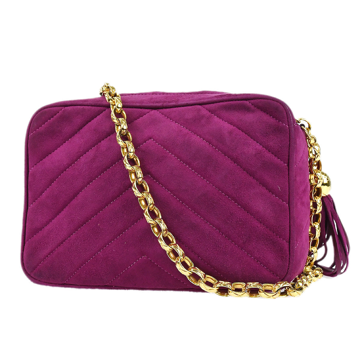 CHANEL V Stitch Fringe Bijou Chain Shoulder Bag Purple Suede 88343