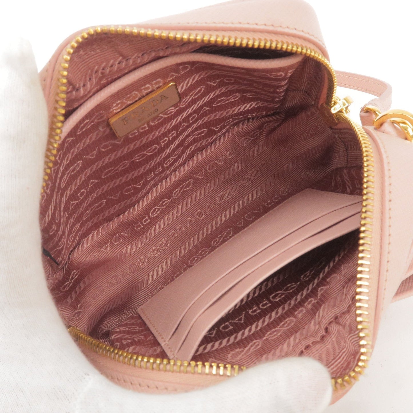 Prada Logo Ribbon Leather Shoulder Bag Mini Purse Pink 1NF674