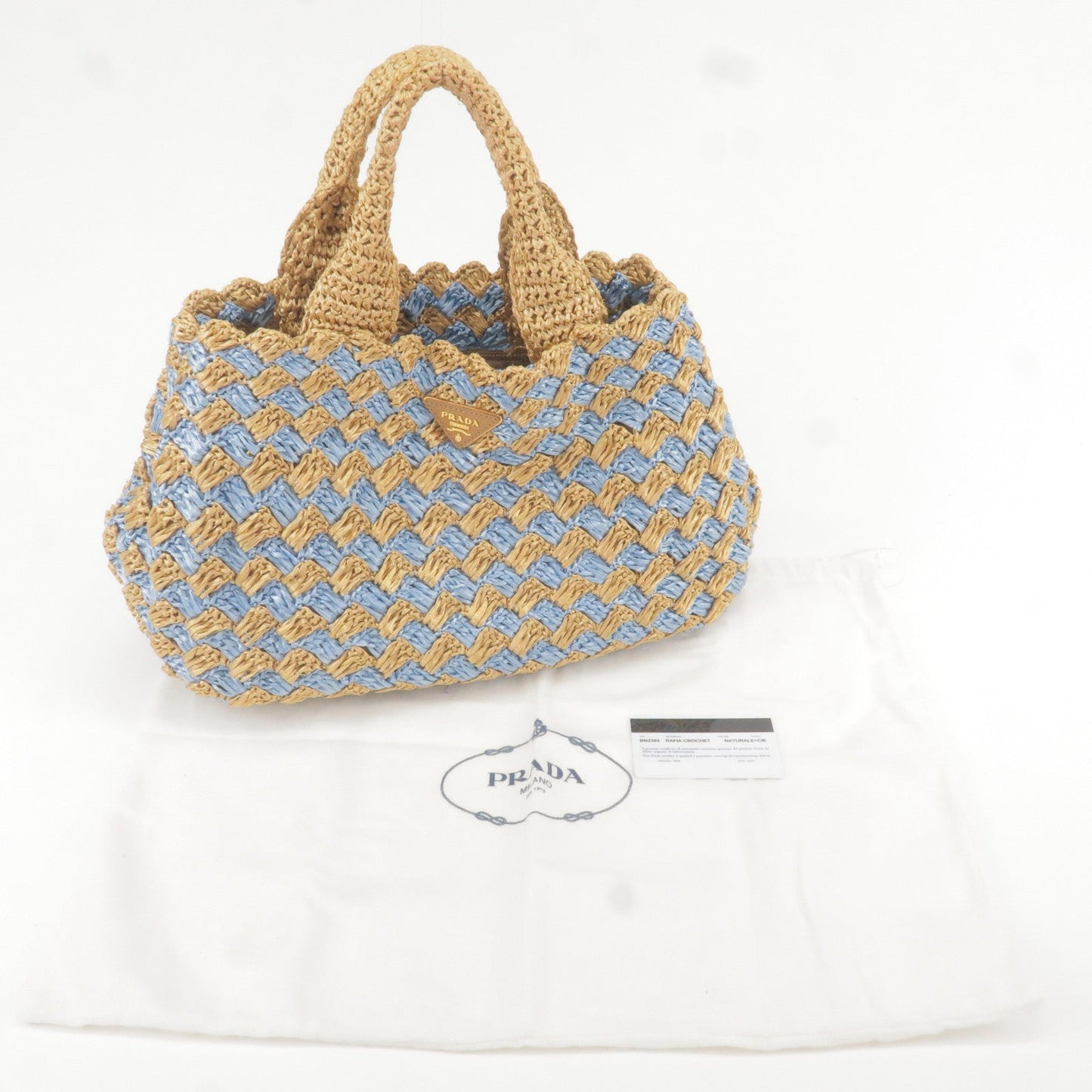 Prada Raffia Crochet Canapa Tote Bag Blue Beige BN2303