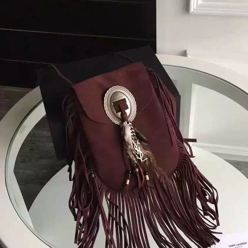 Yves Saint Laurent Anita Fringed Flat Bag In Bordeaux Suede Leather