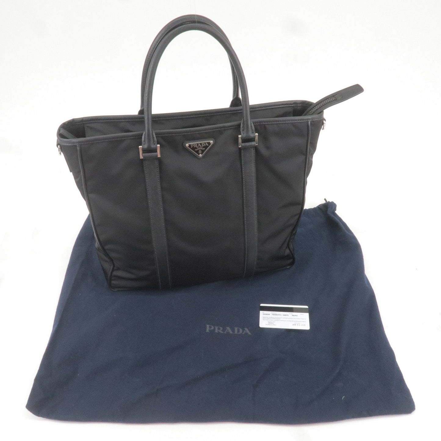 Prada Logo Nylon Leather Tote Bag NERO Black 2VG034