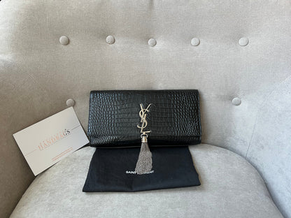 Yves Saint Laurent (YSL) Black Croc Print Kate Clutch