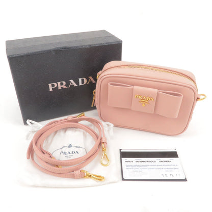 Prada Logo Ribbon Leather Shoulder Bag Mini Purse Pink 1NF674