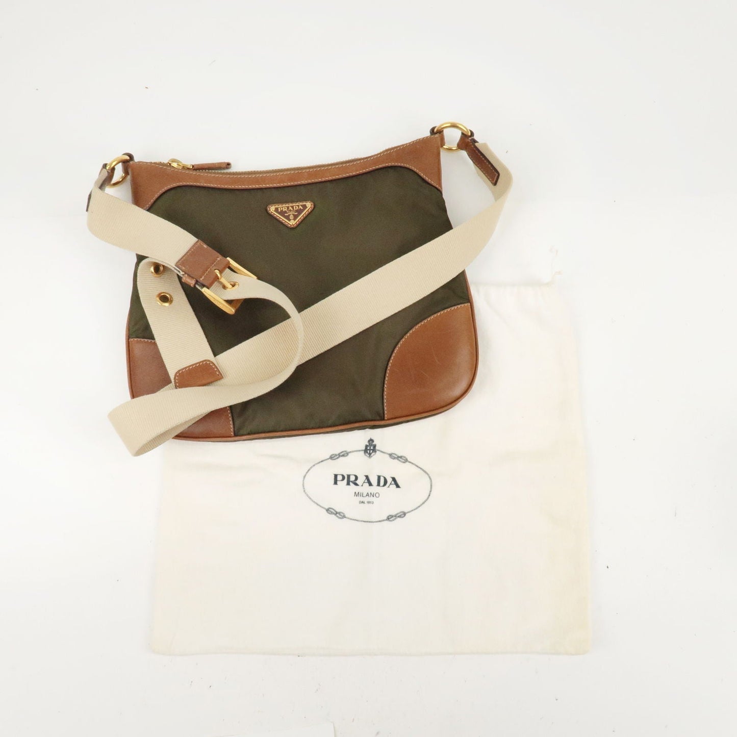 Prada Nylon Leather Shoulder Bag Khaki Brown