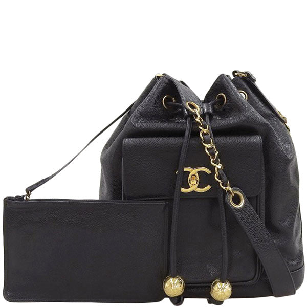 CHANEL Around 1995 Made Caviar Skin Turn-Lock Drawstring Shoulder Bag With Pouch Black