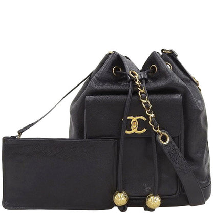 CHANEL Around 1995 Made Caviar Skin Turn-Lock Drawstring Shoulder Bag With Pouch Black