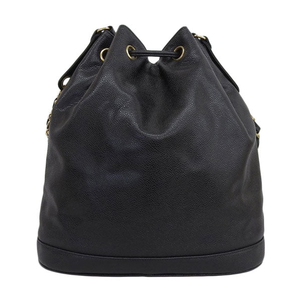 CHANEL Around 1995 Made Caviar Skin Turn-Lock Drawstring Shoulder Bag With Pouch Black