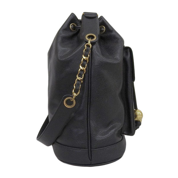 CHANEL Around 1995 Made Caviar Skin Turn-Lock Drawstring Shoulder Bag With Pouch Black