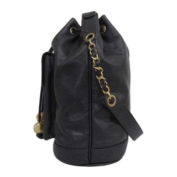 CHANEL Around 1995 Made Caviar Skin Turn-Lock Drawstring Shoulder Bag With Pouch Black