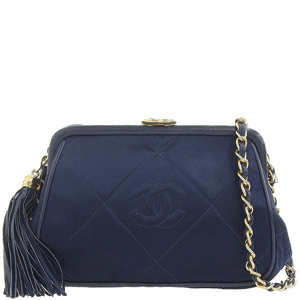 CHANEL Around 1985~1990 Made Silk Satin Cc Mark Stitch Fringe Metal Clasp Chain Bag Navy