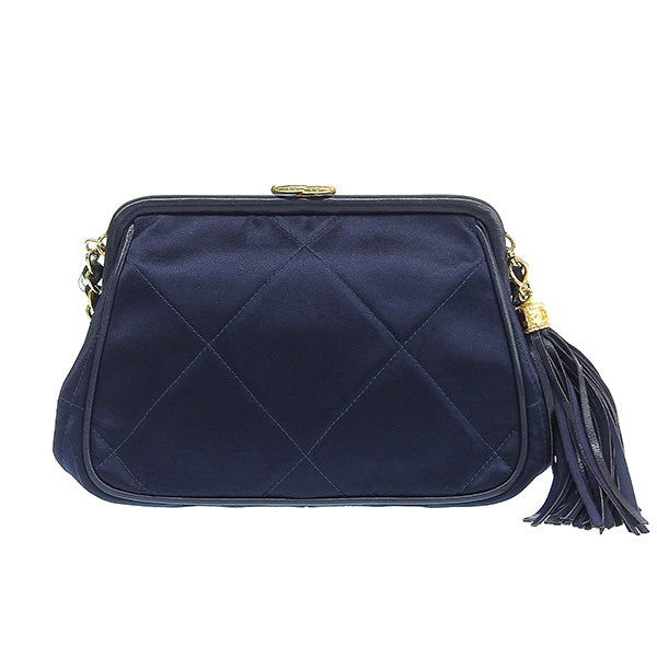 CHANEL Around 1985~1990 Made Silk Satin Cc Mark Stitch Fringe Metal Clasp Chain Bag Navy