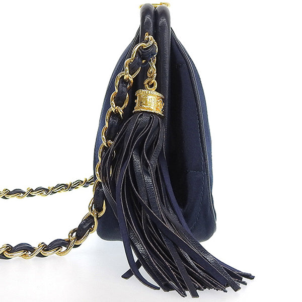 CHANEL Around 1985~1990 Made Silk Satin Cc Mark Stitch Fringe Metal Clasp Chain Bag Navy