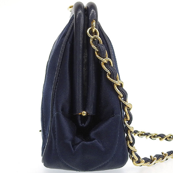 CHANEL Around 1985~1990 Made Silk Satin Cc Mark Stitch Fringe Metal Clasp Chain Bag Navy