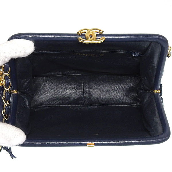 CHANEL Around 1985~1990 Made Silk Satin Cc Mark Stitch Fringe Metal Clasp Chain Bag Navy