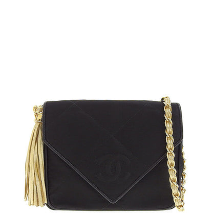 CHANEL Around 1990 Made V Flap Cc Mark Stitch Fringe Chain Bag Black/Gold