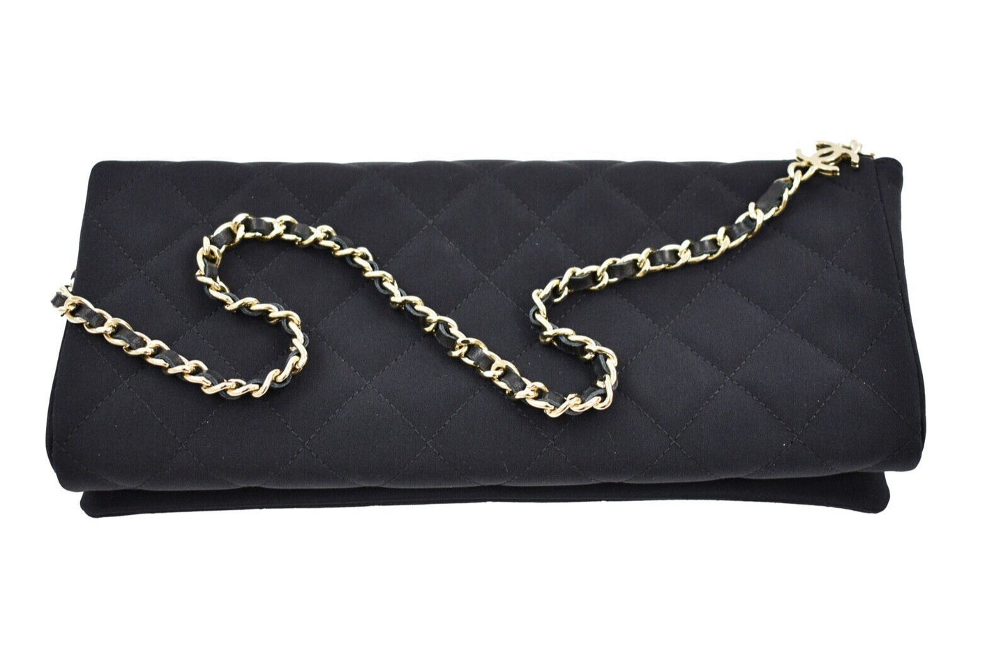 CHANEL - Camellia Black Satin Pochette Bag - Gold Chain Strap Quilted