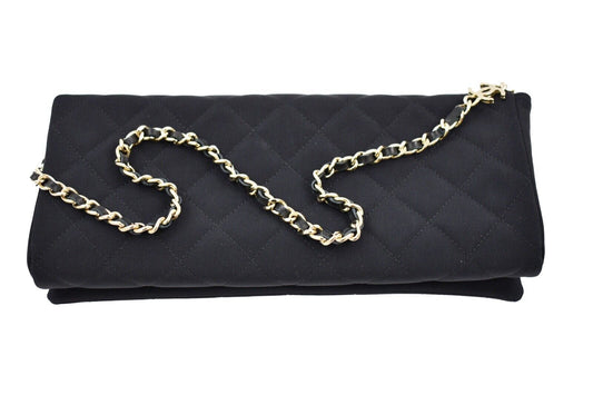 CHANEL - Camellia Black Satin Pochette Bag - Gold Chain Strap Quilted