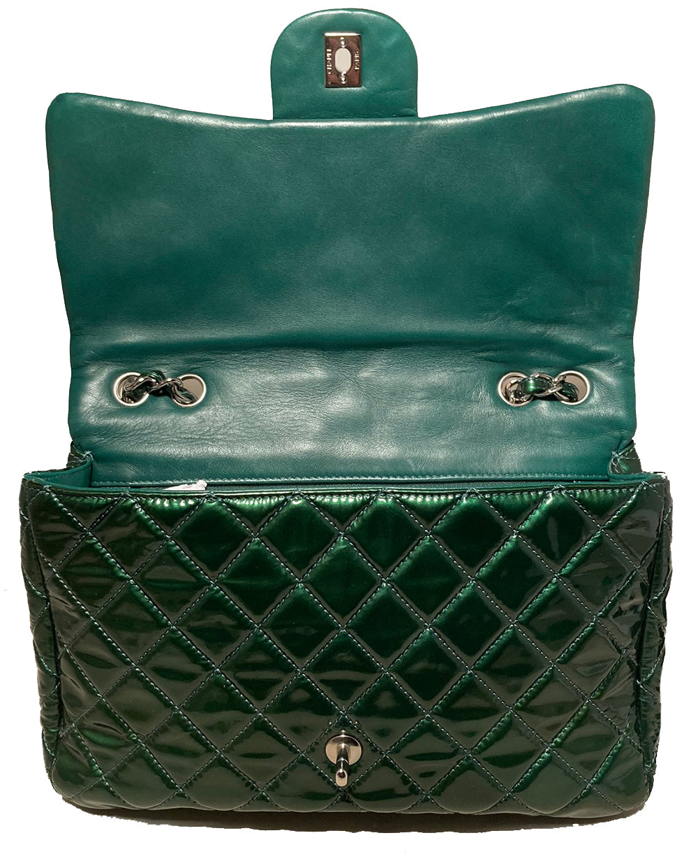 RARE Chanel Metallic Green Patent Leather Jumbo Classic Flap