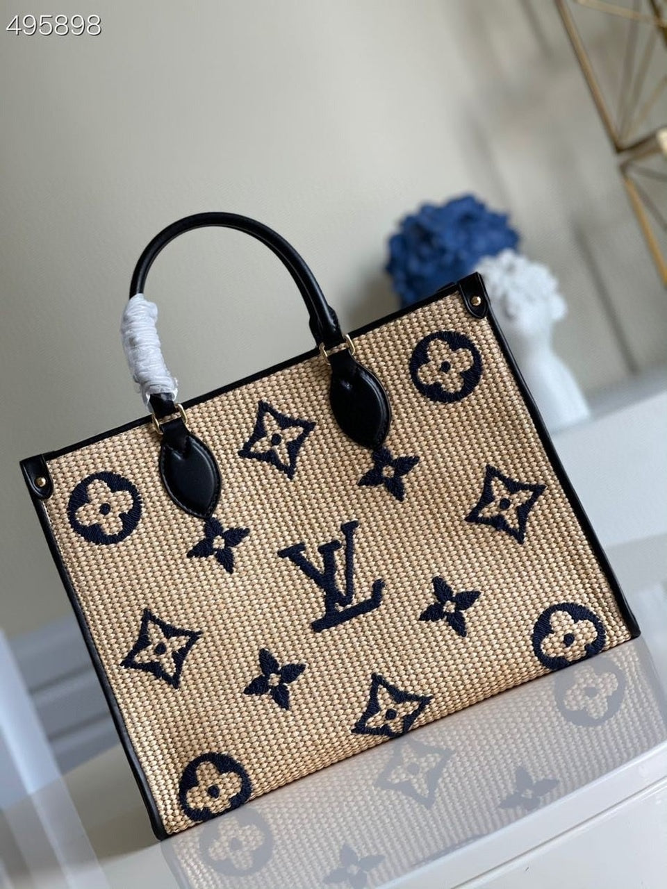 Louis Vuitton OnTheGo MM Tote Bag Monogram Raffia Navy Blue  Shoulder Bags