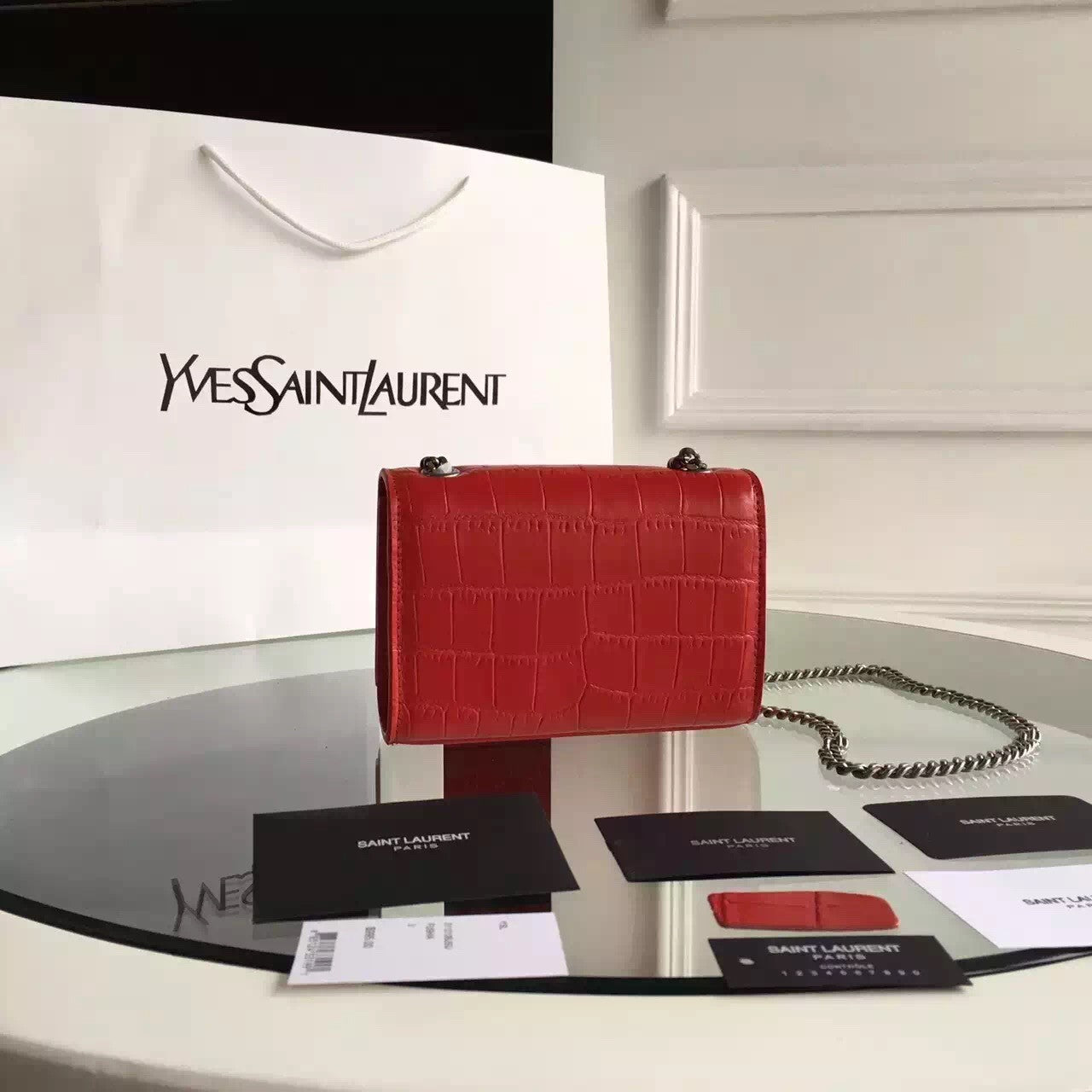 Yves Saint Laurent Small Monogram Tassel Satchel In Red Crocodile Leather